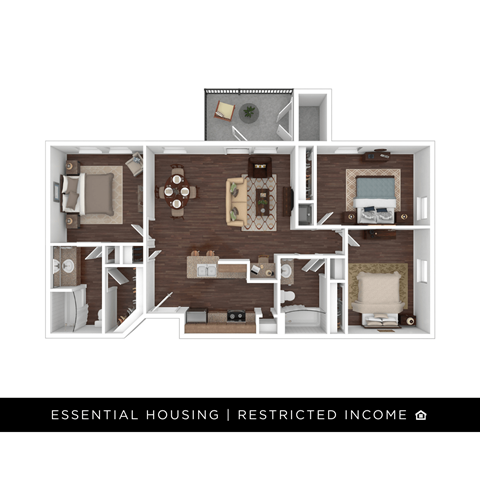 Floor plan for 3 beds, 2 baths, 1150 sqft